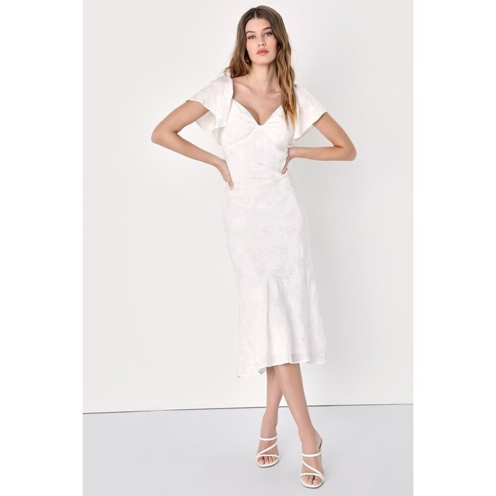 Lulus NWT Effervescent Afternoon White Satin Flutter Sleeve Midi Dress